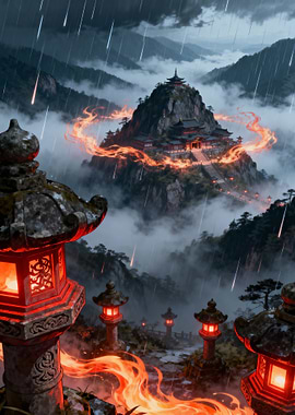Japanese Temple on Mountain with Fire