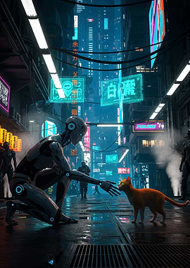 Robot and Cat in Cyberpunk City