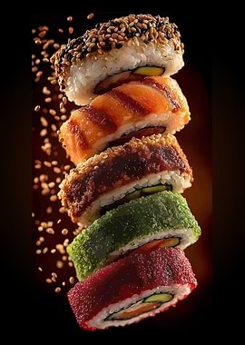 Stacked Sushi Rolls on Dark Background