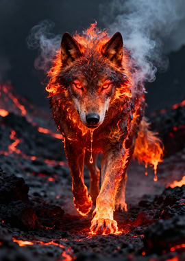 Fiery Wolf in Volcanic Landscape