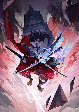 Wolf Samurai with Swords and Castle