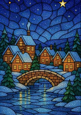 Winter Village Stained Glass Illustration