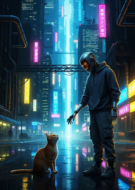 Cyberpunk Robot and Cat Encounter