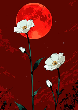 White Flowers with Red Moon