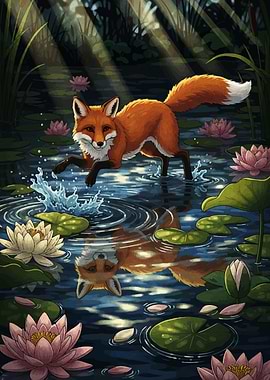 Fox in Lily Pond Illustration