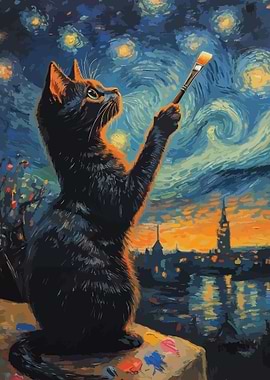 Cat painting the Starry Night