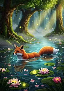 Fox swimming in a lily pond