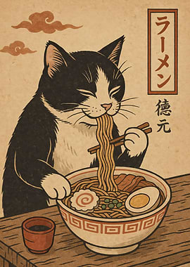 Cat Eating Ramen Japanese Style Art