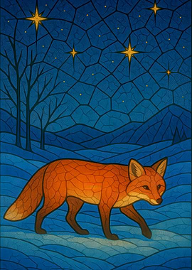 Fox Under Starry Night Sky