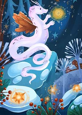 Winged Dragon in Winter Landscape