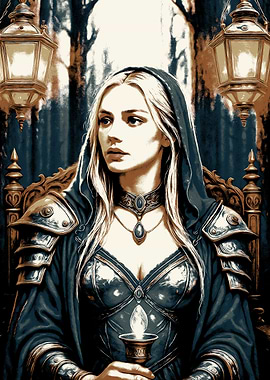 Medieval Woman with Candle in Forest