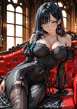 Anime Girl in Black Dress on Couch
