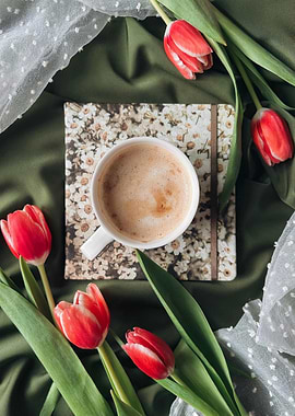 Coffee, Tulips, and Floral Notebook Still