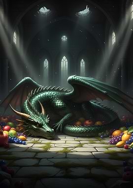 Dragon resting on fruit hoard