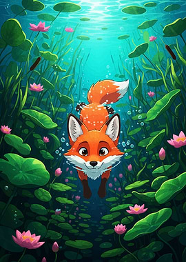 Cartoon Fox Swimming Underwater with Lilypads