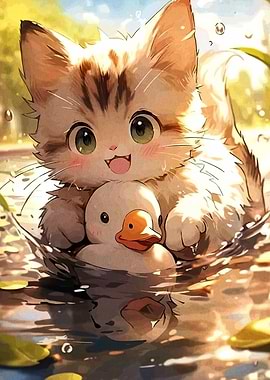 Cute Kitten with Duck Toy in Water