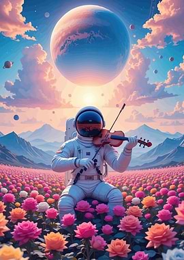 Astronaut playing violin flower field