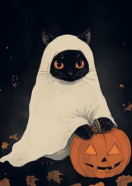 Halloween Cat Ghost with Pumpkin