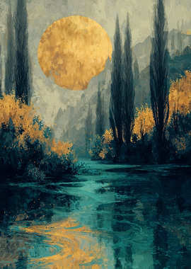 Golden Moon Over Tranquil River Landscape Painting