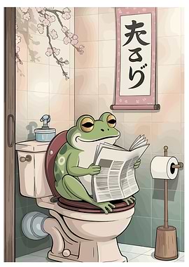 Frog Reading Newspaper on Toilet