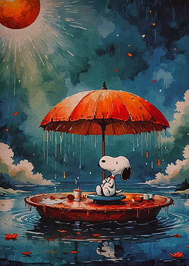 Snoopy under umbrella in the rain