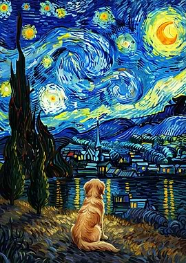 Dog Starry Night Painting