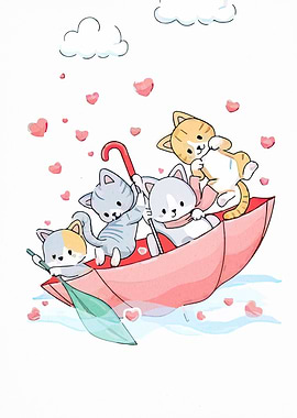 Cats in Umbrella Boat with Hearts