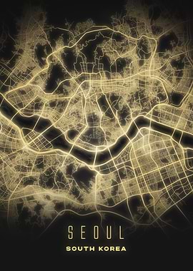 Seoul Night Glow City Map Art - South Korea Urban Style Decor