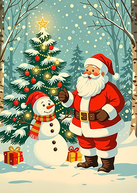 Santa Claus and Snowman Christmas Scene