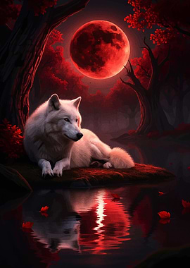 White Wolf Under Red Moon