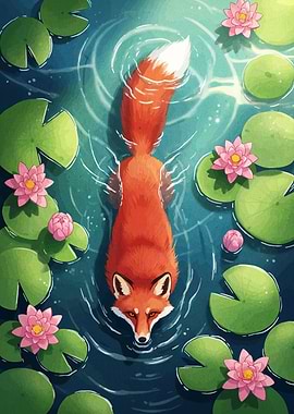 Fox swimming in a pond
