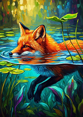 Fox Swimming in Water Painting