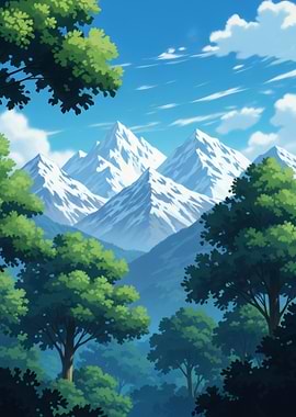 Anime Style Mountain Landscape forest green trees
