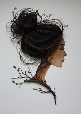 Woman Profile with Tree Branch Art