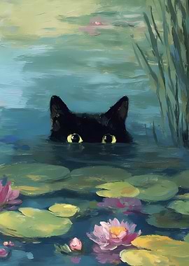 Black Cat in Lily Pond Painting