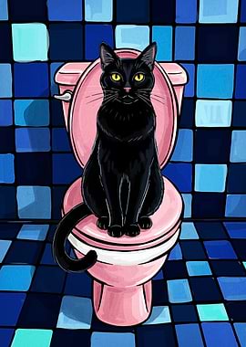 Black cat sitting on pink toilet
