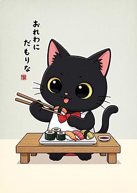 Cute Black Cat Eating Sushi