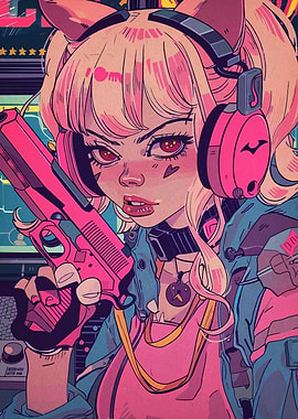 Anime Girl with Gun and Headphones