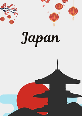 Japan Illustration with Pagoda and Lanterns