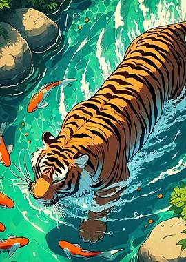 Tiger swimming in water with koi fish