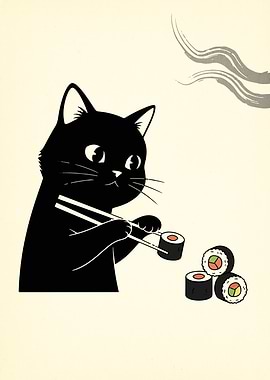 Black Cat Eating Sushi with Chopsticks