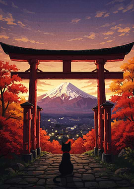 Cat gazing at Mount Fuji through Torii