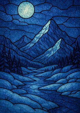 Blue Stained Glass Mountain Landscape