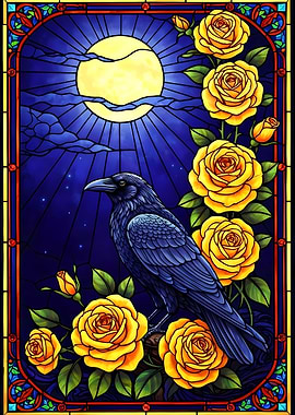 Raven and Roses Stained Glass Art