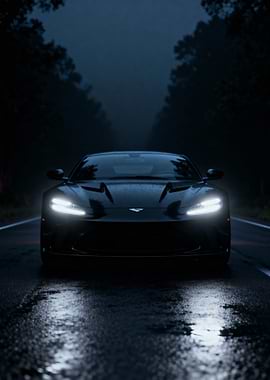 Sleek Black Car on Wet Road