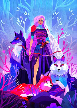 Fantasy Woman with Wolves in Forest