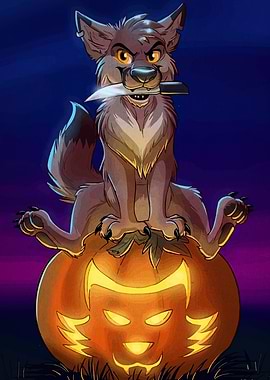 Halloween Wolf on Pumpkin with Knife