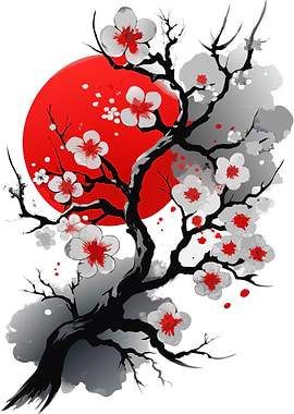 Cherry Blossom Tree with Red Sun Metal Wall Art