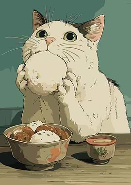Cat eating rice ball illustration