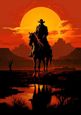 Cowboy on Horseback at Sunset